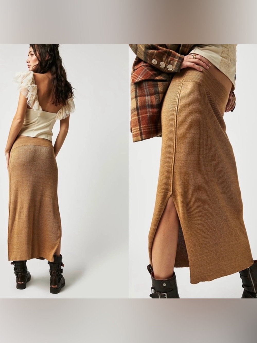 Free People Camel Ribbed Midi Skirt with Side Slit